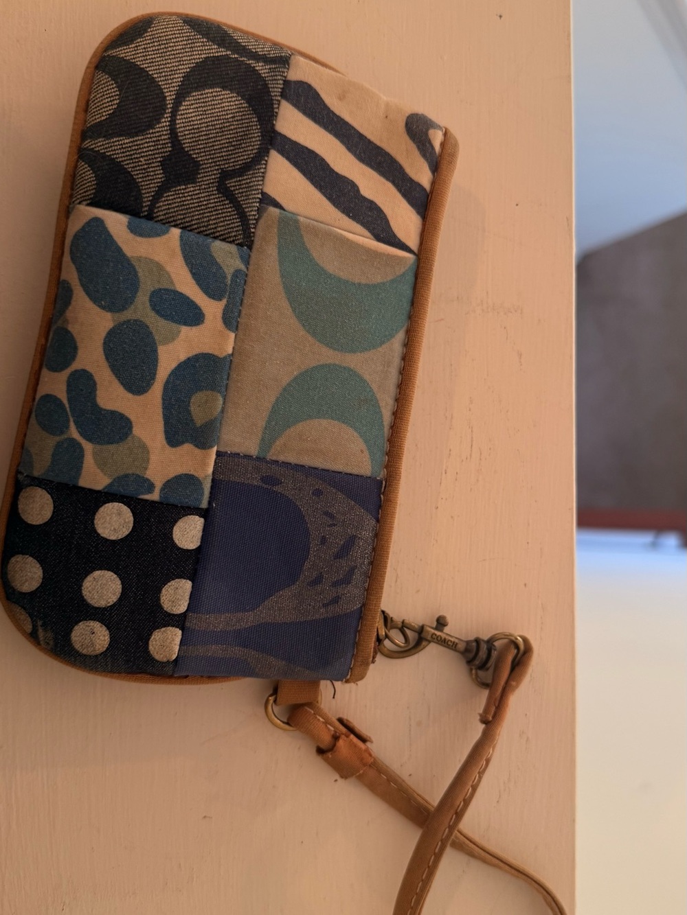 Vintage 2000s Coach Patchwork Quilted Zip Wristlet in Blue and Cream